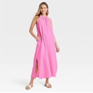 Women’s scoop back maxi dress with pockets, Size Medium, Pink